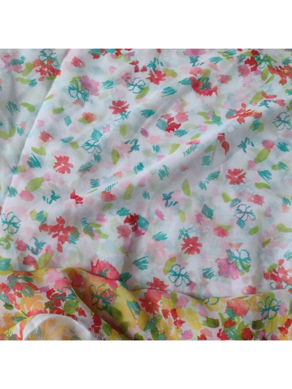 Chiffon Border Print Floral Fabric 59" w X 4 Yds White Yellow Retro Dress Length - Picture 3 of 8